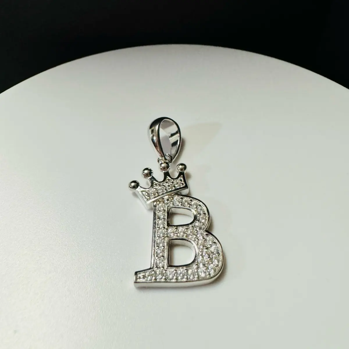 Rhinestone Letter B Crown Pendant Charm, Silver