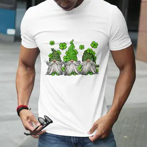 St. Patrick's Day T-shirt - Shamrock & Leopard Print Gnome Design, Casual Crew Neck Short-Sleeved T-shirt, All Seasons Suitable, Comfortable & Versatile, Festive Green Themed, Holiday Fun Graphic Apparel
