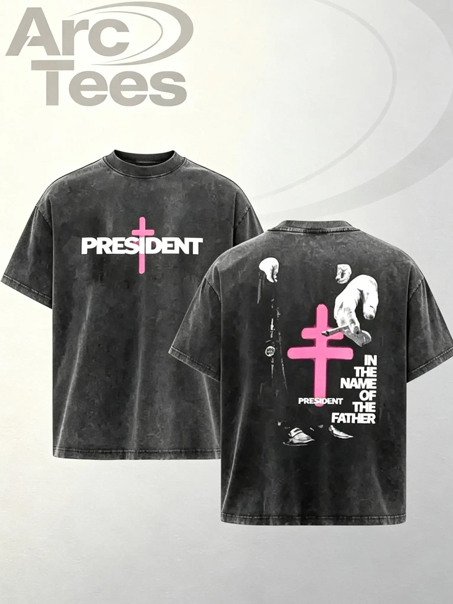 [ArcT] President Band T-Shirt Collection, Gothic Cross Graphic Tee, Retro Deathcore Style Shirt, Dark Religious Metal Inspired Shirts, Vintage Washed Heavy Cotton Band Tee, Gift for Metal Music Lovers, Alternative Merch for Men & Women Streetwear