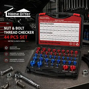 44PCS SAE & Metric Thread Checker Set, Charge-Free Aluminum Nut & Bolt Thread Gauge, Portable Thread Identifier with Ruler, Washable & Durable for Auto Repair, DIY, Woodworking, Industrial Measurement (Blue & Red)