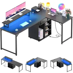 Cyclysio L Shaped Gaming Desk with Wood Cabinet, 58" Large Home Office Desk 2 Person Corner Desk with LED Lights & Power Outlets,Reversible Computer Desk with Monitor Stand