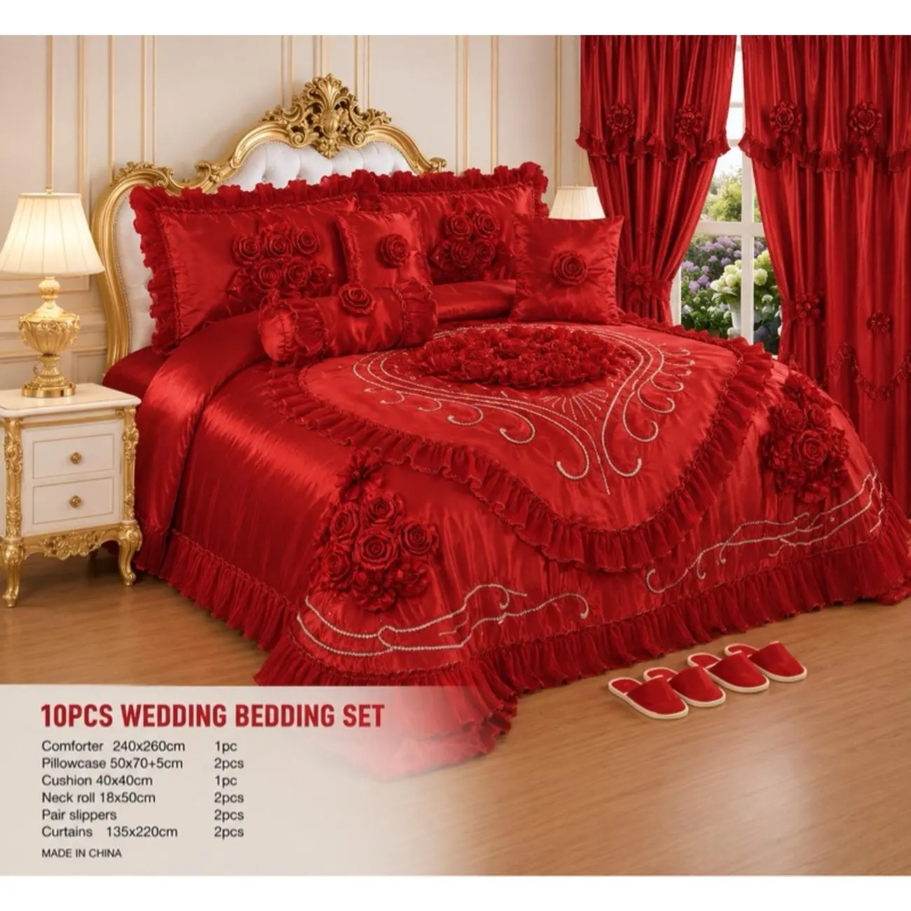 Elegant Red Embroidered 10 Piece Wedding Bedding Set