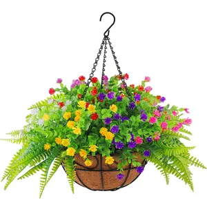 Artificial Flowers for Outdoors, Hanging Plants Flowers with Basket, Faux Green Plant in Metal Coconut Lining Pot, For Garden Spring Summer Decor