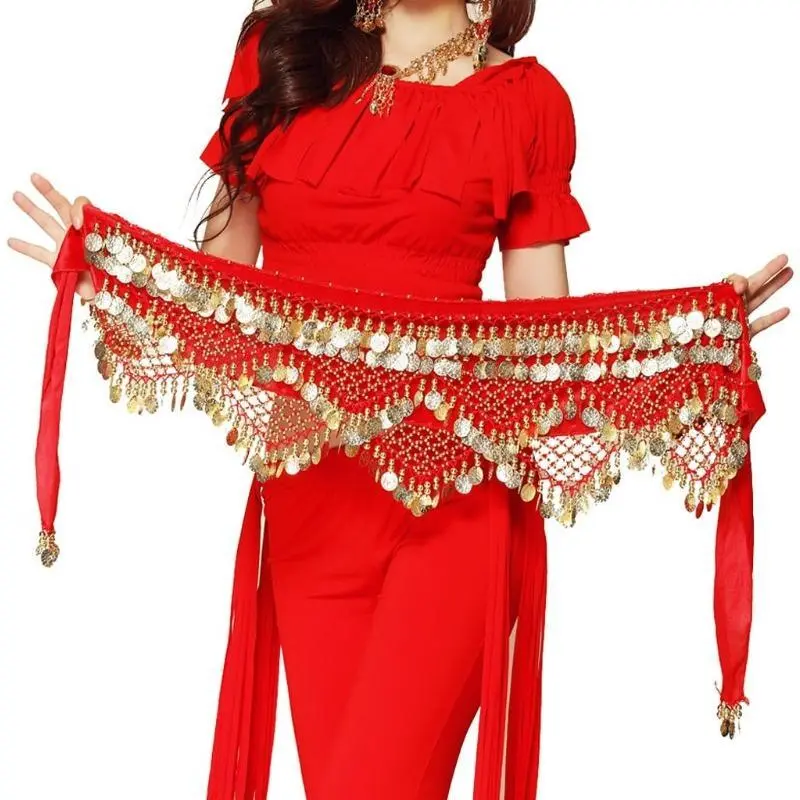 Women's Sweet Belly Dance Hip Scarf with Gold Coins Skirts Wrap Noisy Waist Chain Jewelry for Dancer 8 Colors for Your Choice