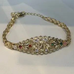 Virgin Mary Bracelet - Gold-Toned Design with Multi-Color Stones, Chain Link Closure, and Floral Motif