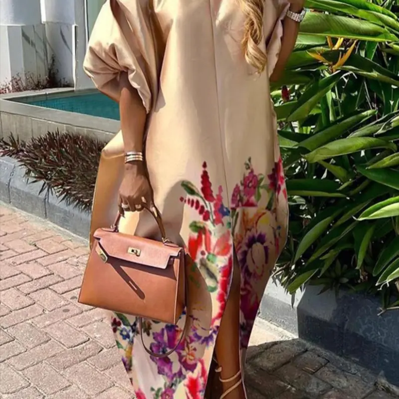 Women's Floral Print Split Hem Notched Neck Dress, Boho Fashion Fit Casual Batwing Sleeve Long Dress for Summer Daily Holiday Vacation Wear, Ladies Dress for All Seasons, Boho Style Dress