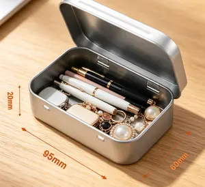 Silver Metal Hinged Lid Storage Tin Box, 95x60x20mm Portable Organizer Case for Home, Office Use
