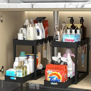 Under Sink Organizers 2pcs Double Tier Sliding Storage Basket with 8 Hooks for Kitchen Bathroom Storage Racks and Solutions