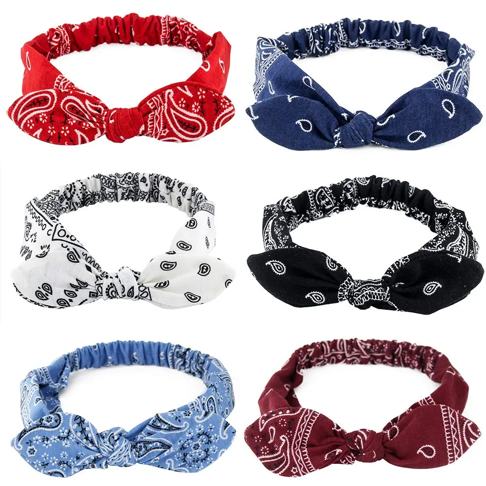 Women's 6-Pcs Boho Bunny Ear Headbands, Vintage Paisley Bandana Flower Printed Elastic Hair Wraps, Cute Fashion Hair Accessories, Bunny Earbands