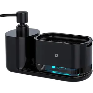 Automatic Dishwasher Soap Dispenser Set, Satisfying Squeeze Double Soap Pump,  Sponge Tray, Kitchen Sink Organizer, Instant Refill Soap Holder, 2 Minutes cleanup, Hand Pressed, Modern (Black)