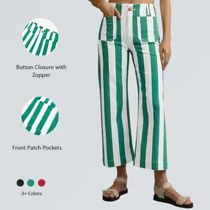 Imily Bela Womens Cropped Striped Jeans Casual High Waisted Stretchy Straight Leg Denim Pants with Pockets Bottom