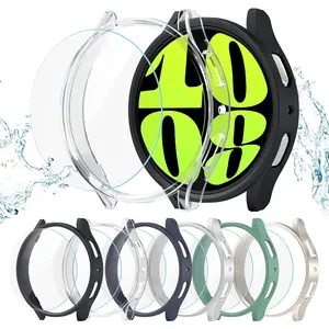[6 + 8] pack for Samsung Galaxy Watch 6 44mm screen protector case, hard pc protective bumper shell + anti-fog tempered glass film, waterproof face cover set for Galaxy Watch 6 44mm accessories