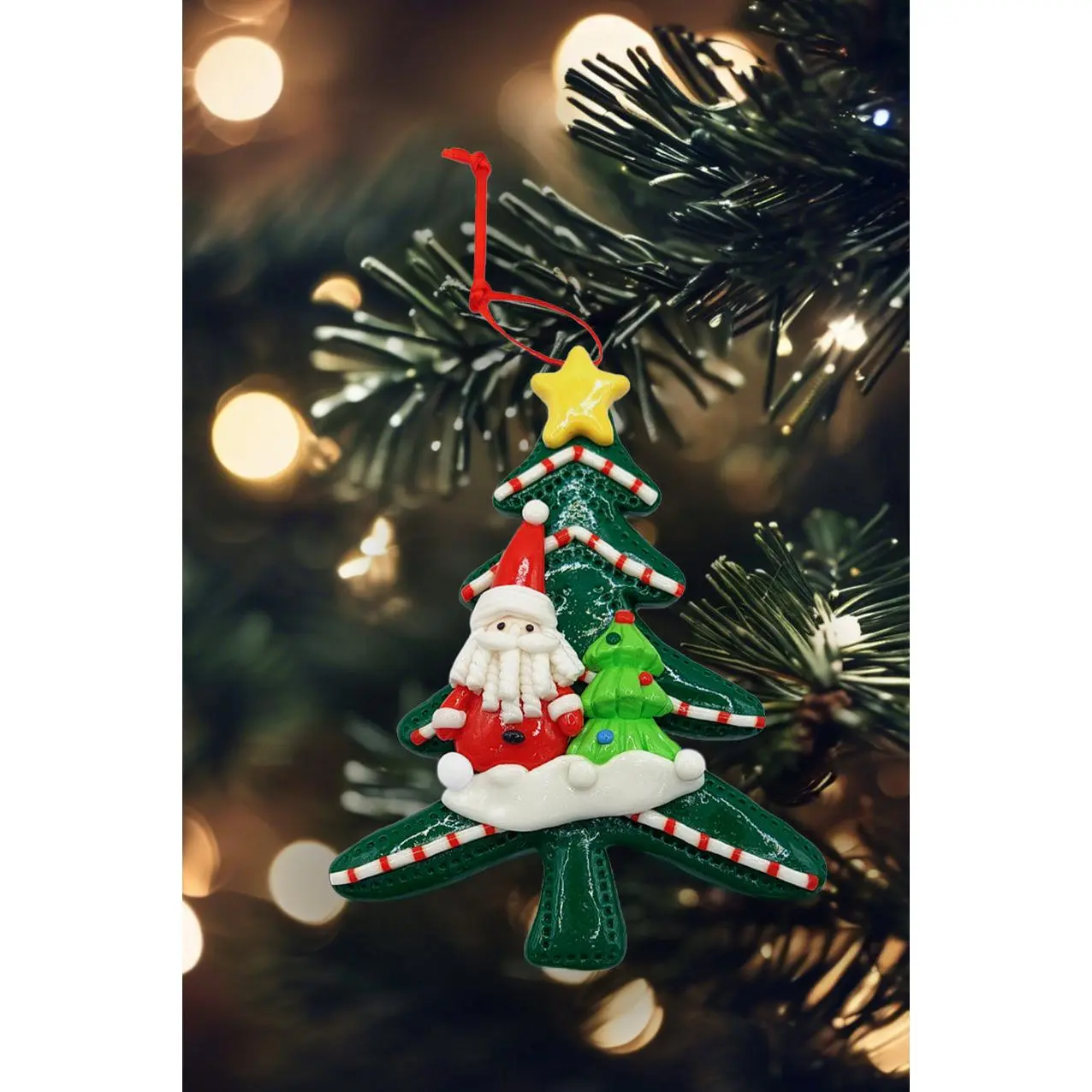 Christmas Ornament - Glossy Gingerbread Tree with Santa. Wizardi Festive Decoration F07-N2-12-AA453B