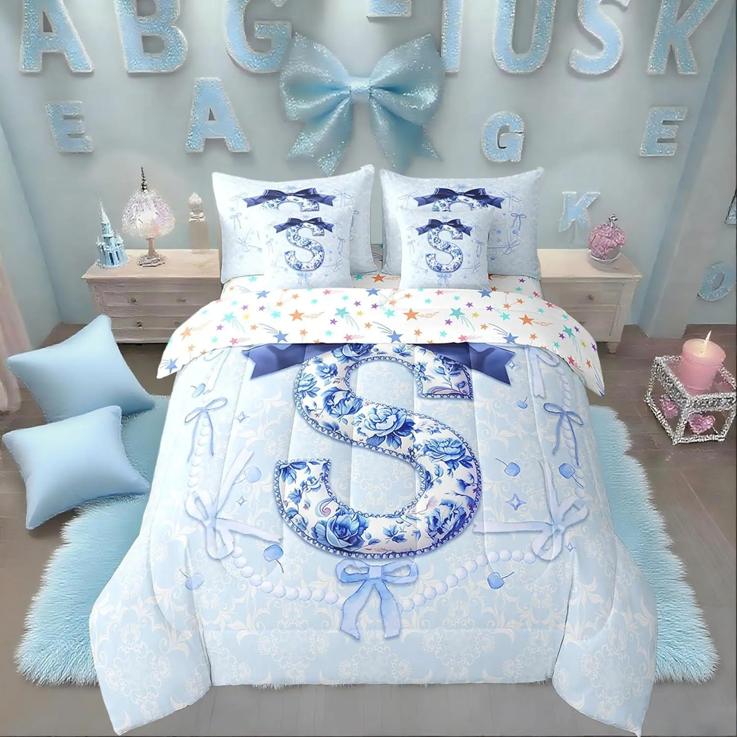 Feelyou Queen 7-Piece Blue Bow Microfiber Bedding Set - Bedspread Set, Fitted Sheet, Flat Sheet, Comforter, Breathable Soft Blanket, Preppy Coquette Floral Watercolor Letter Print, Machine Washable, Low-Heat Tumble Dry for Girls' Aesthetic Room Decor, Flo
