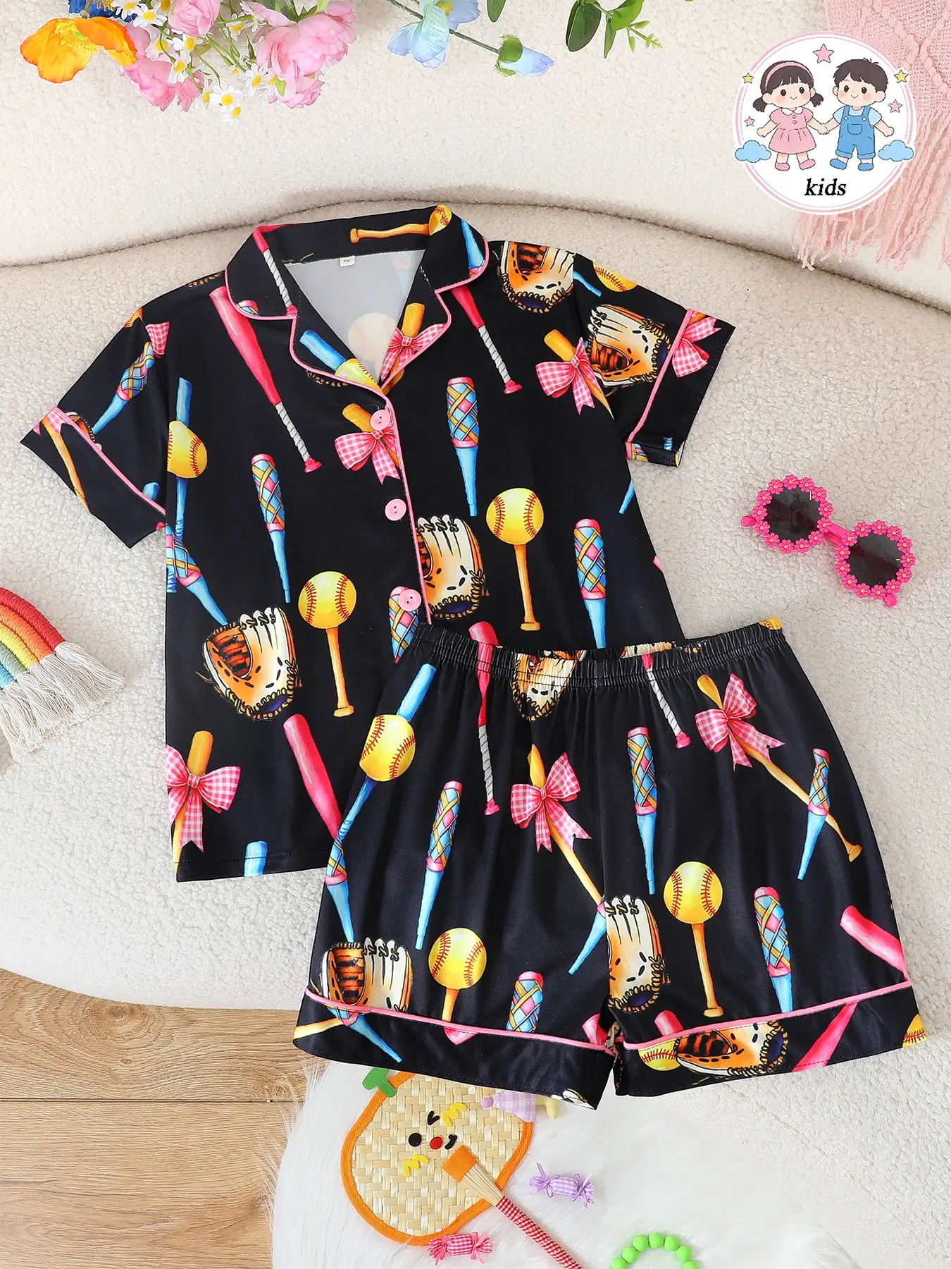 Girls' Cartoon Pattern Collared Pajama Set, Short Sleeve Button-Front Top and Shorts with Bow Pattern, Summer Pjs Casual Sleepwear