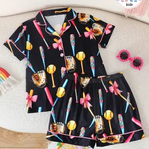 Girls' Summer Casual Sleepwear Set, Cartoon Print Pajama, Short Sleeve Button-Front Top & Shorts, Cartoon Bow Pattern, All-Season Wear