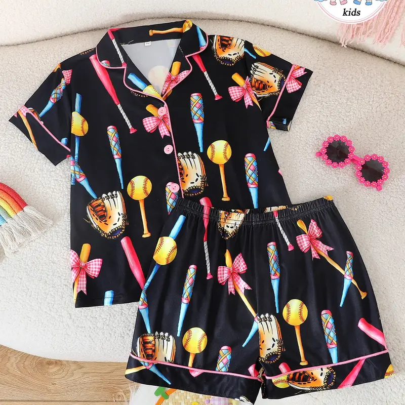 Girls' Cartoon Pattern Collared Pajama Set, Short Sleeve Button-Front Top and Shorts with Bow Pattern, Summer Pjs Casual Sleepwear, Cartoon Print Pajama, Cartoon Pattern Pajamas