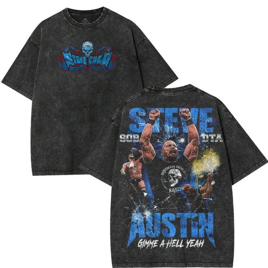 Stone Cold Austin Retro Graphic T Shirt WrestleMania 41 Merch Heavy Washed Cotton Unisex Oversized Tee Vintage Wrestling Streetwear Casual Daily Fashion Top for Wrestler Fans