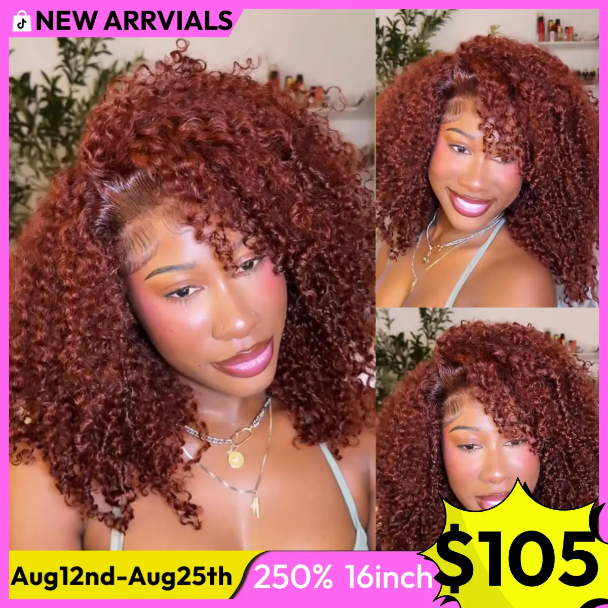 UNice 250% Density Reddish Brown Fluffy Afro Kinky Curly with Layered Finger Coil Ends Glueless 7x5 HD Lace Closure Human Hair Wigs No Slip Beginner-Friendly Natural Looking Summer Wig SummerArrvials