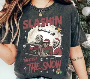 Vintage Horror Characters Christmas Shirt, Merry Christmas Horror Nights Tshirt, Holiday Christmas Friends Group Matching Tee, Trendy Graphic Halloween Shirts