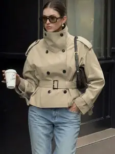 Women's Windbreak Jacket Cropped Double-Breasted Button Female Jacket Demi-Season Belt Elegant Women's Trench Coat Woman Street Long Sleeve Short Coat Outerwear