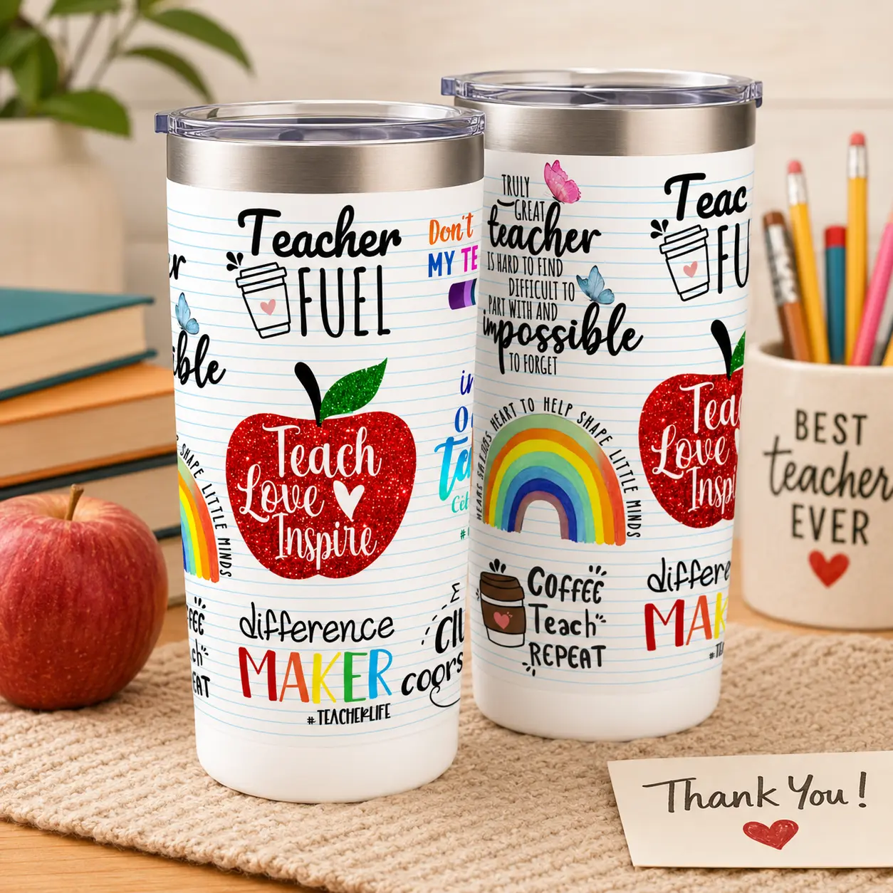 20oz Insulated Travel Tumbler, Apple Print Stainless Steel Car Coffee Cup, English & Spanish Text Options, Double Wall Vacuum Cup for Hot & Cold Drinks, Teacher Appreciation Back To School End of Year Christmas Gift for Teachers Women Educators