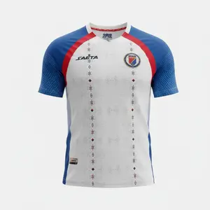 Haiti Soccer Jersey  Represent Haiti with Pride! Show your Haitian pride with this stunning official national team jersey! This vibrant royal blue shirt, featuring the team's shield as a 3D patch and a unique pattern incorporating the powerful Vèvè symbol