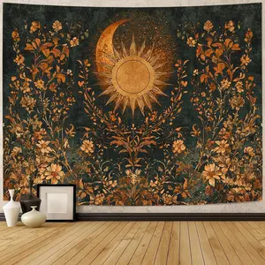 Boho Sun and Moon Synthetic Tapestry, Durable Polyester Woven Wall Art, Floral & Mystical Night Sky Design, Easy-to-Install Large Decoration for Living Room, Bedroom Dorm Room Decorations