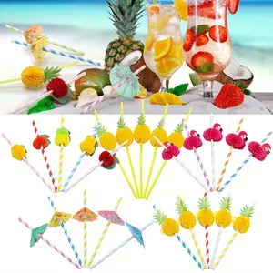 100Pcs Flamingo Fruit Paper Straws, Disposable Plastic Drinking Straws,Tropical Hawaiian Beach Summer Pool Party Cocktail Decorations