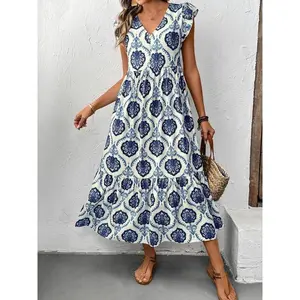 Women's All Over Print V Neck Dress, Boho Fashion Casual Dress for Daily Holiday Vacation Wear, Ladies Dress for Summer, Womenswear, Bohemian Dress