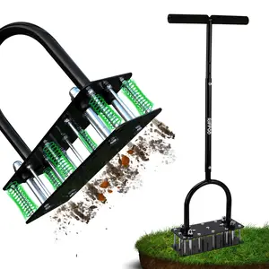 RIFPOD Lawn Aerator Automatic Dirt and Leaf Clean Design,Grass Aerator for Yard and Garden,Soil renovation Hydrophobic permeation Revives Lawn Health , Heavy Metal Spring Duty Lawn Aerator Tool with 15 Iron Spikes Height Adjustable