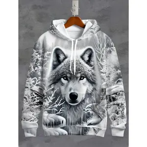 Men's Wolf Printed Hoodie - Casual Polyester Knitted Sweater with Zipper Pocket, Autumn/Winter Regular Edition Animal Pattern Hoodie