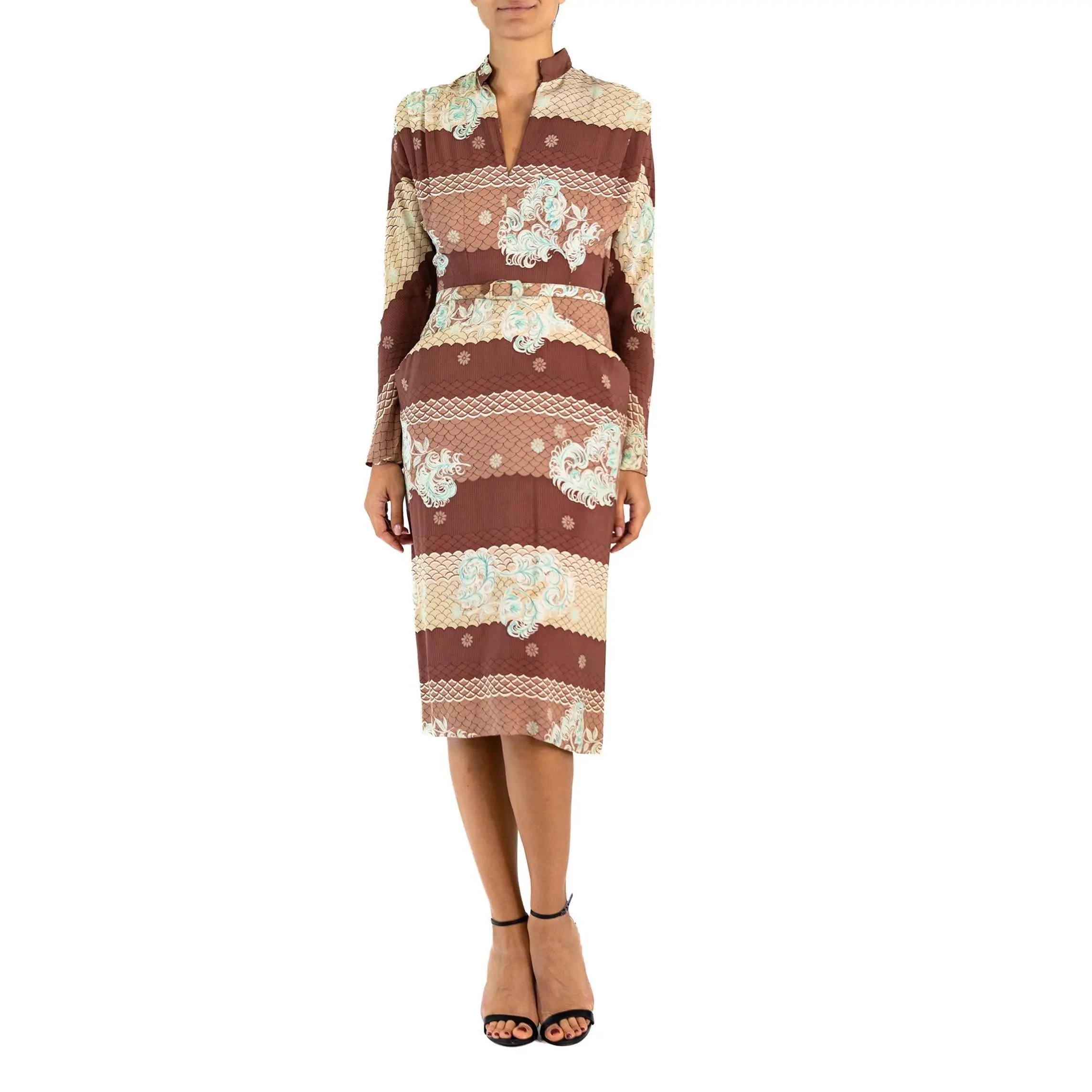 1940S Brown & Blue Cold Rayon Sophisticated Dress With Belt, Pockets Capelet