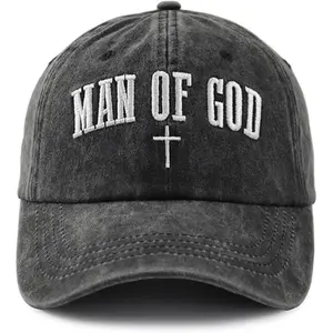 "man of God" 3D Embroidered Christian Baseball for Men & Women - Adjustable Vintage Washed Hat with Cross & Lettering, Lightweight All-Season Comfort, Ideal for Pastors, Believers, Father'S Day, Christmas