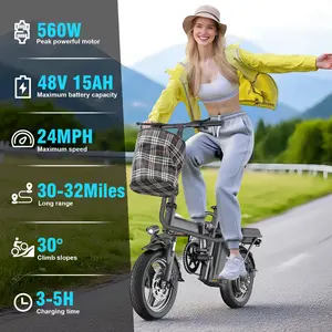 TERROSOR Ebikes for Adults, 560W Motor 24MPH Max Speed, 14” Tire, 48V 15AH Removable Battery for Electric Bike, Multi-Shock Absorption, City Commuter, Foldable Adult Electric Bicycles-T1