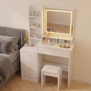 Modern-Style Vanity Set,White Dressing Table with LED Mirror (3-Color Adjustable Lighting), Includes Matching Stool and Multiple Drawers,Ideal for Young Girls
