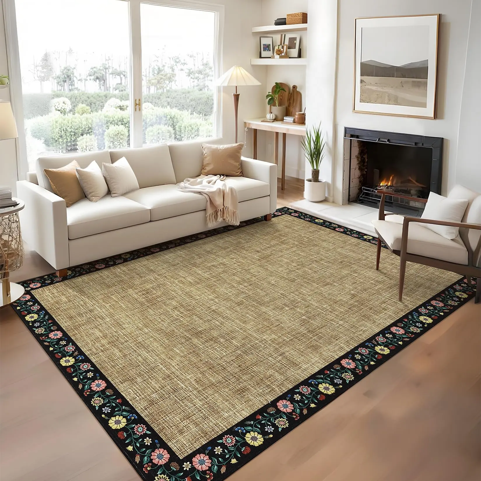 GARVEE 4x6 Area Rugs for Bedroom Living Room Machine Washable Rugs Floral Bordered Small Carpet Non-Slip Stain Resistant Accent Carpet for Dining Room Table Apartment Office, Yellow