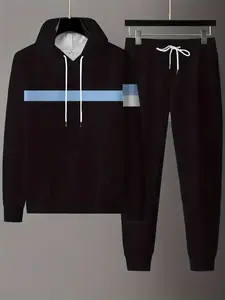 Men's Casual Fitted Digital Print Long Sleeves Hoodie & Sweatpants Set, Polyester Fabric, Perfect for Spring & Fall