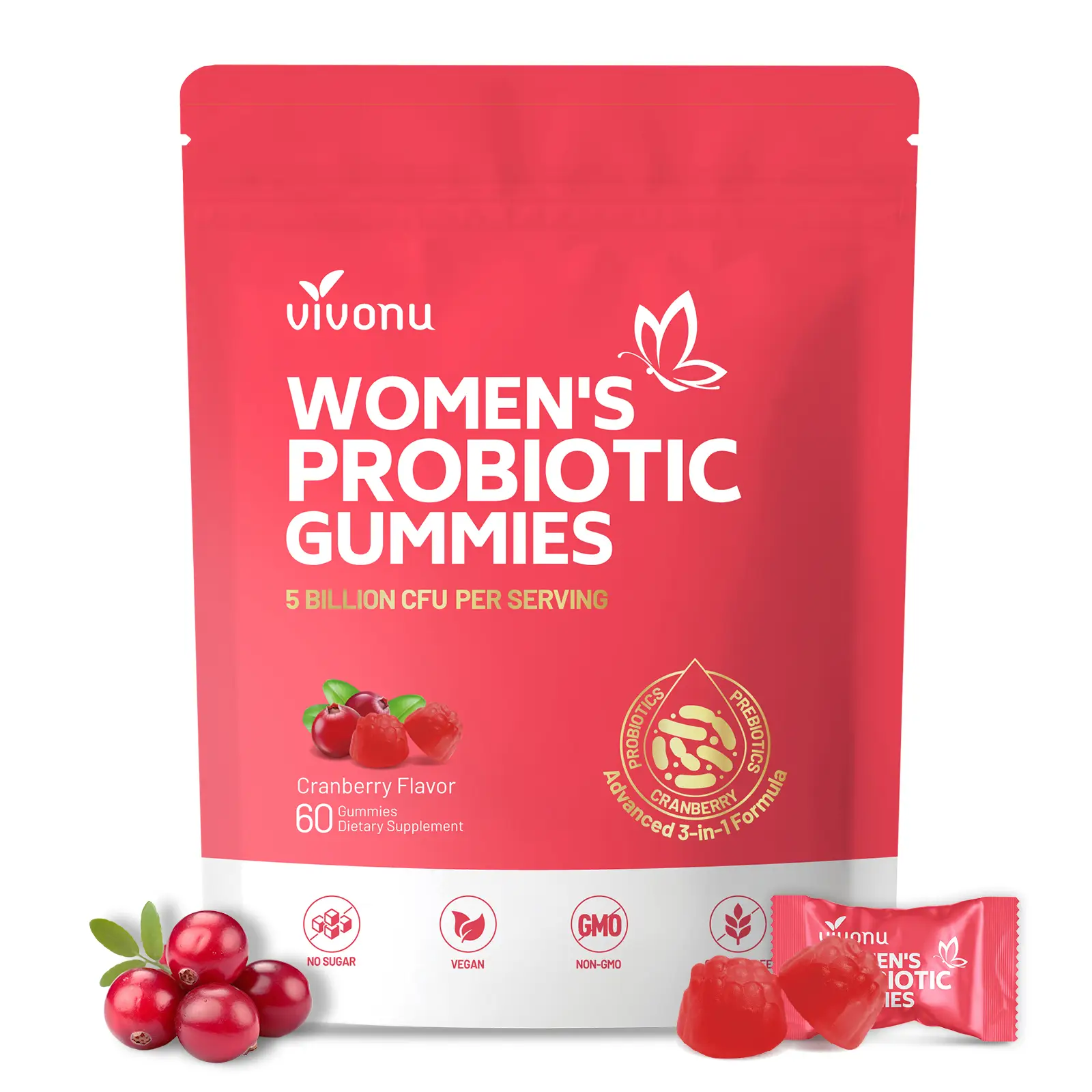VivoNu Cranberry Probiotic Gummies | Targeting Body Odor, Women's Health, and Body Balance | Vegan (60 Gummies per Pack)
