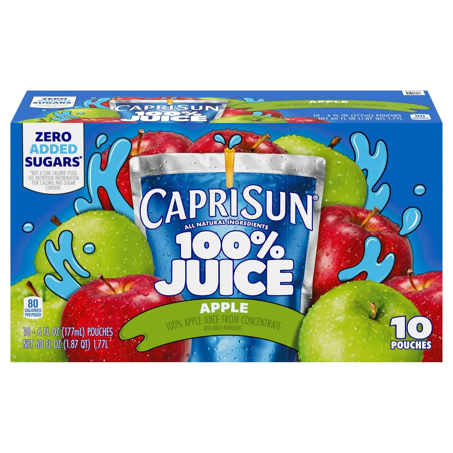 Capri Sun 100% Juice Apple All-Natural Juice from Concentrate with added ingredients, 10 ct Box, 6 fl oz Pouches, Chilled Pack