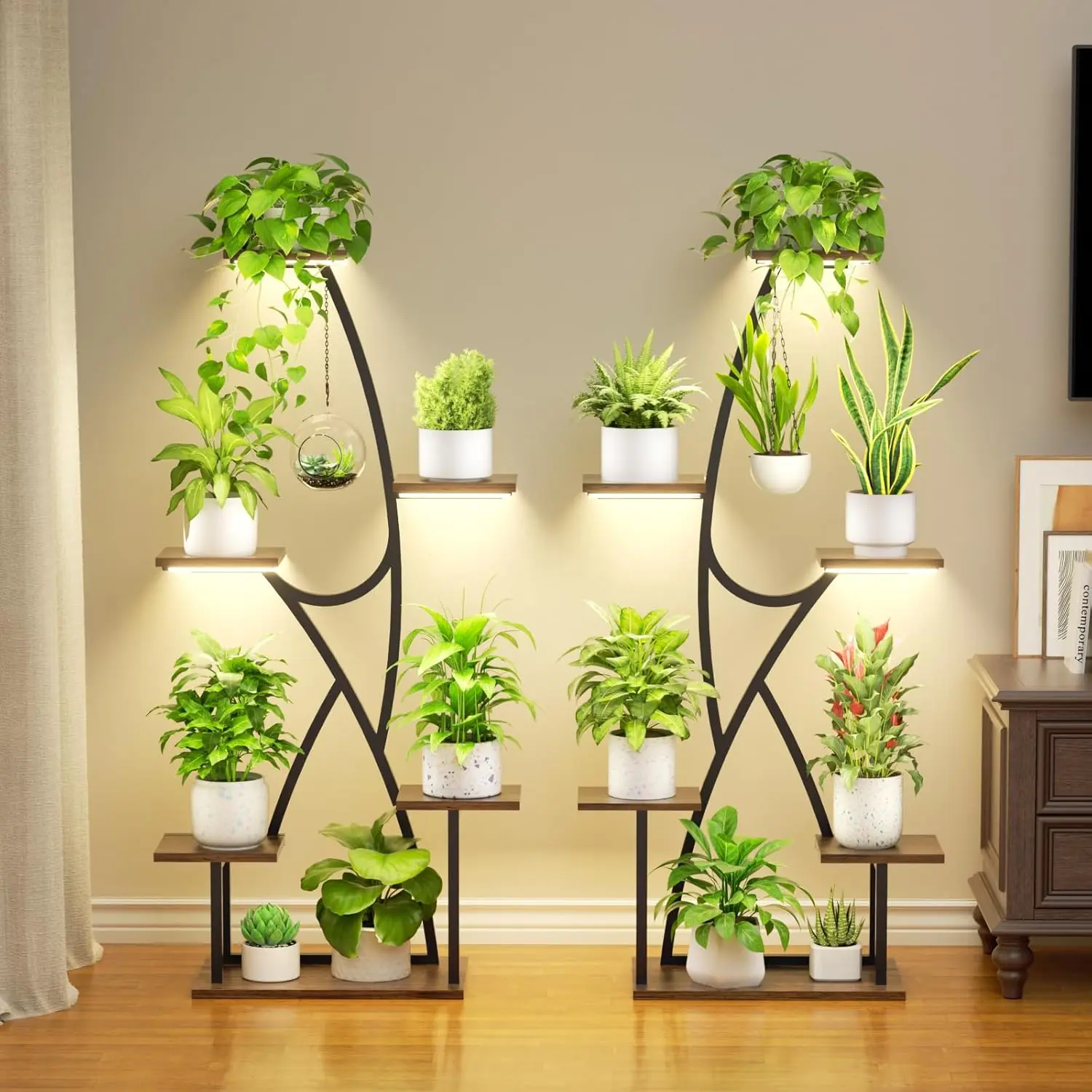 BACEKOLL 2-Pack 45" Tall 12-Tier Pot Plant Stand with Dimmable Full-Spectrum Grow Lights, Sturdy Iron Corner Shelf, Easy Assembly, Home Decor for Indoor Living Room & Patio Hanging Plants