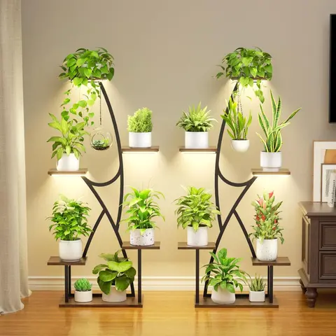 BACEKOLL 2-Pack 45" Tall 12-Tier Pot Plant Stand with Dimmable Full-Spectrum Grow Lights, Sturdy Iron Corner Shelf, Easy Assembly, Home Decor for Indoor Living Room & Patio Hanging Plants