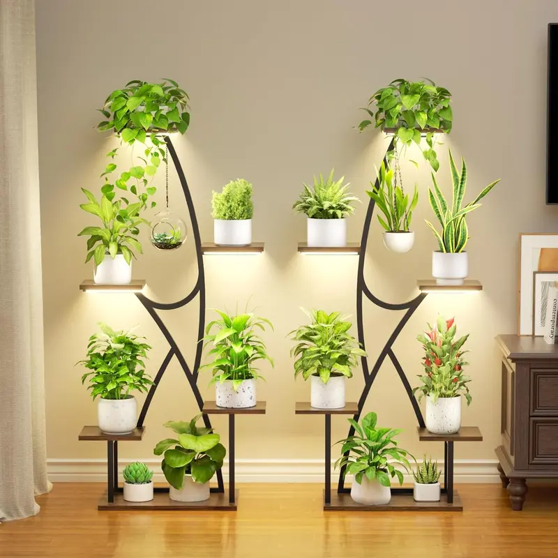 BACEKOLL 2-Pack 45" Tall 12-Tier Pot Plant Stand with Dimmable Full-Spectrum Grow Lights, Sturdy Iron Corner Shelf, Easy Assembly, Home Decor for Indoor Living Room & Patio Hanging Plants