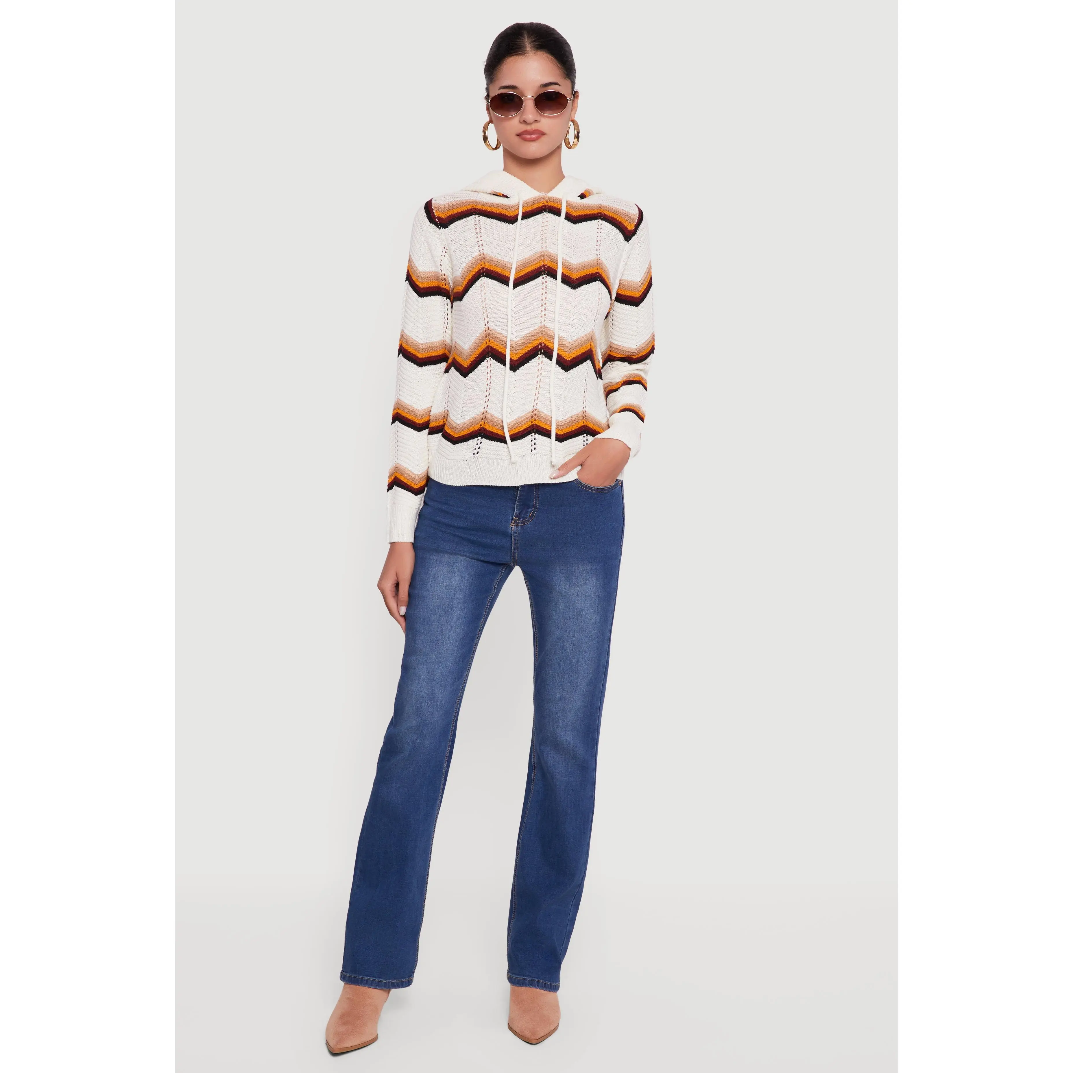 Chevron Pointelle Knit Sweater Hoodie