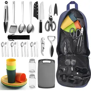 Camping Essentials, Camping Cooking Utensils Set, Camping Accessories Gear Must Haves, Come with Camping Silverware Sets, Plates and Cups, Great for Outdoor Stove, Picnic, BBQ