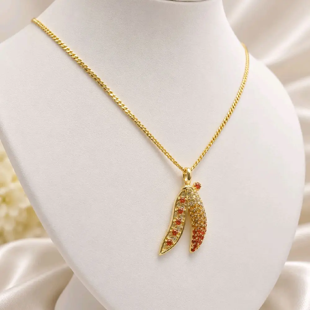14K Gold Laminated Chili Pepper Pendant Necklace with Orange Zirconia – Cuban Chain, 24"