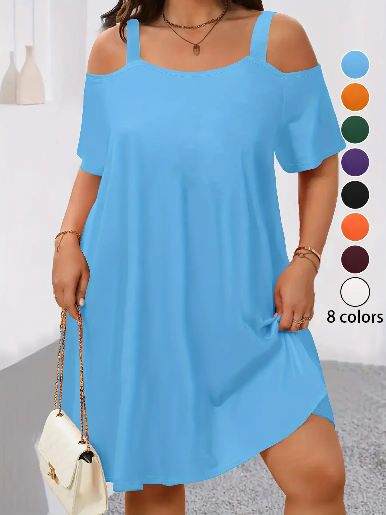 slim fit dress slacks Off The Shoulder Midi Dress  Azure & Lavender