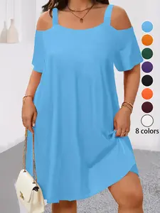 Plus Size Women's off Shoulder Strapless Dress, Loose Fit Slimming Short Sleeve T-Shirt Dress, 8 Colors Available, Casual Everyday Wear, Womenswear