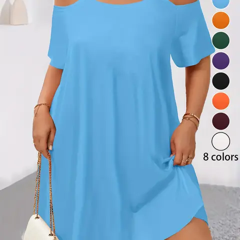 Plus Size Women's off Shoulder Strapless Dress, Loose Fit Slimming Short Sleeve T-Shirt Dress, 8 Colors Available, Summer Casual Elegant Everyday Wear, Casual Sundresses, Womenswear