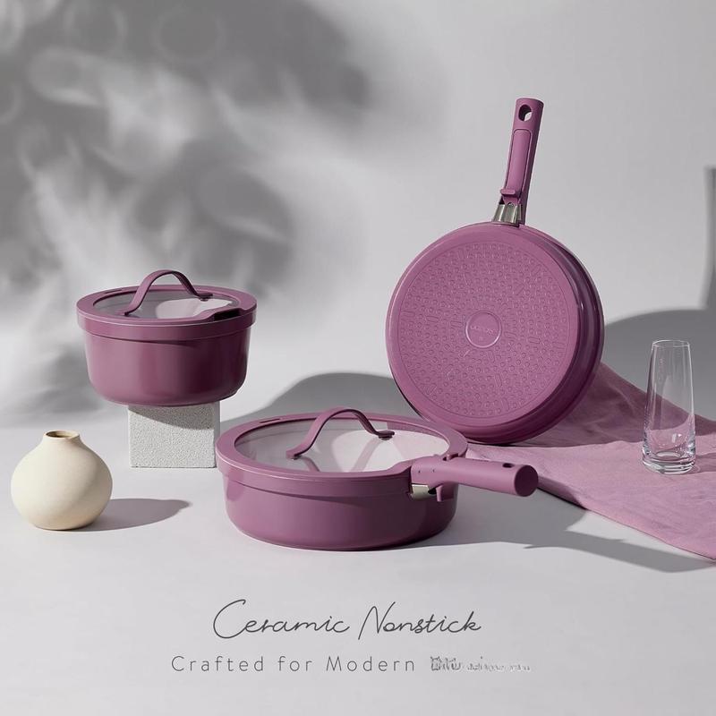 CAROTE 21PCS Ceramic Cookware Set,Pots and Pans set Non Stick,Induction Cookware Set with Removable Handle,RV Kitchen Cooking Set,Non-toxic Kitchen Cooking Set, PFAS and PFOA Free,Purple